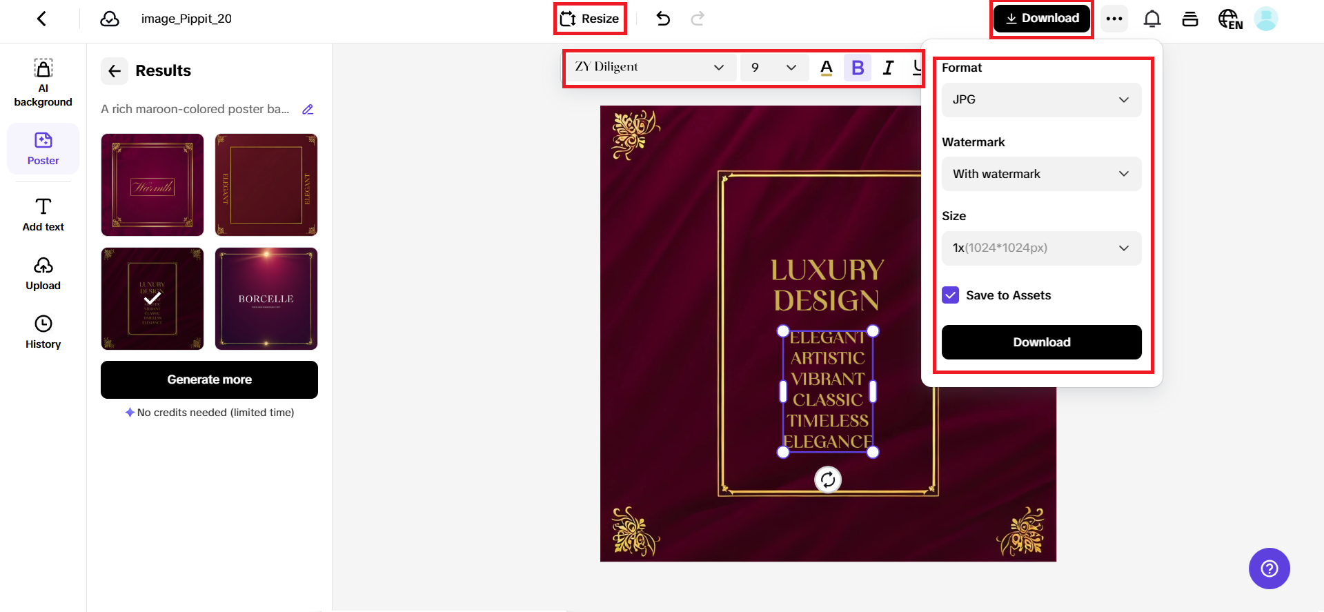 Select, edit text, and finalize your poster