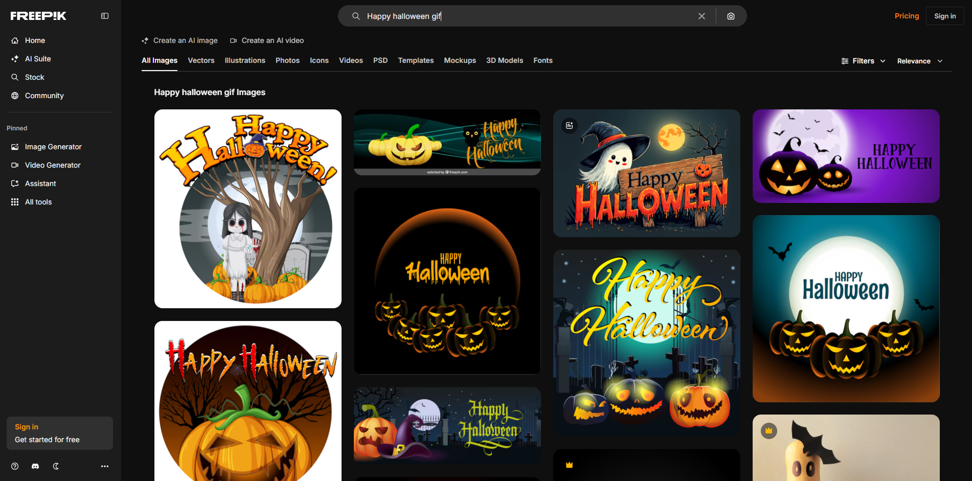 Interface of Freepik - the most liked site for diverse Halloween GIFs