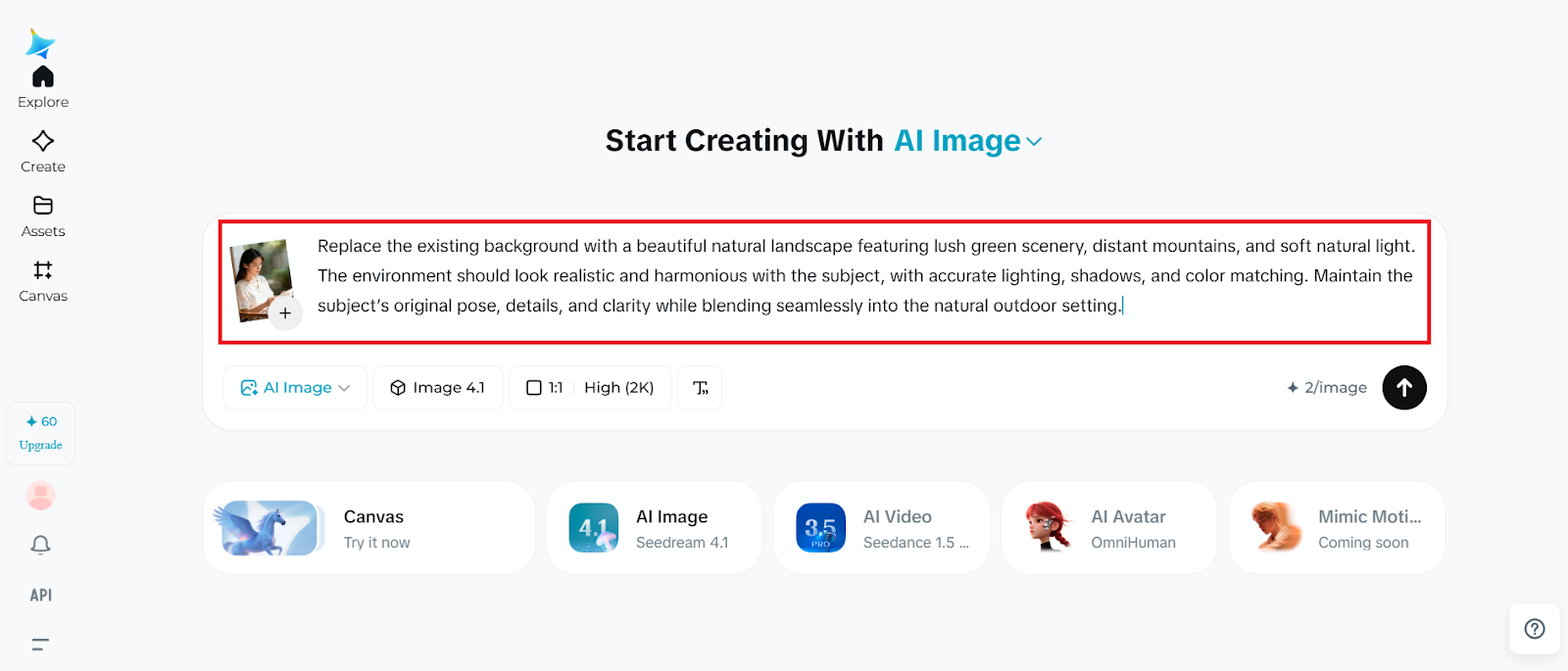Write a prompt and upload an image