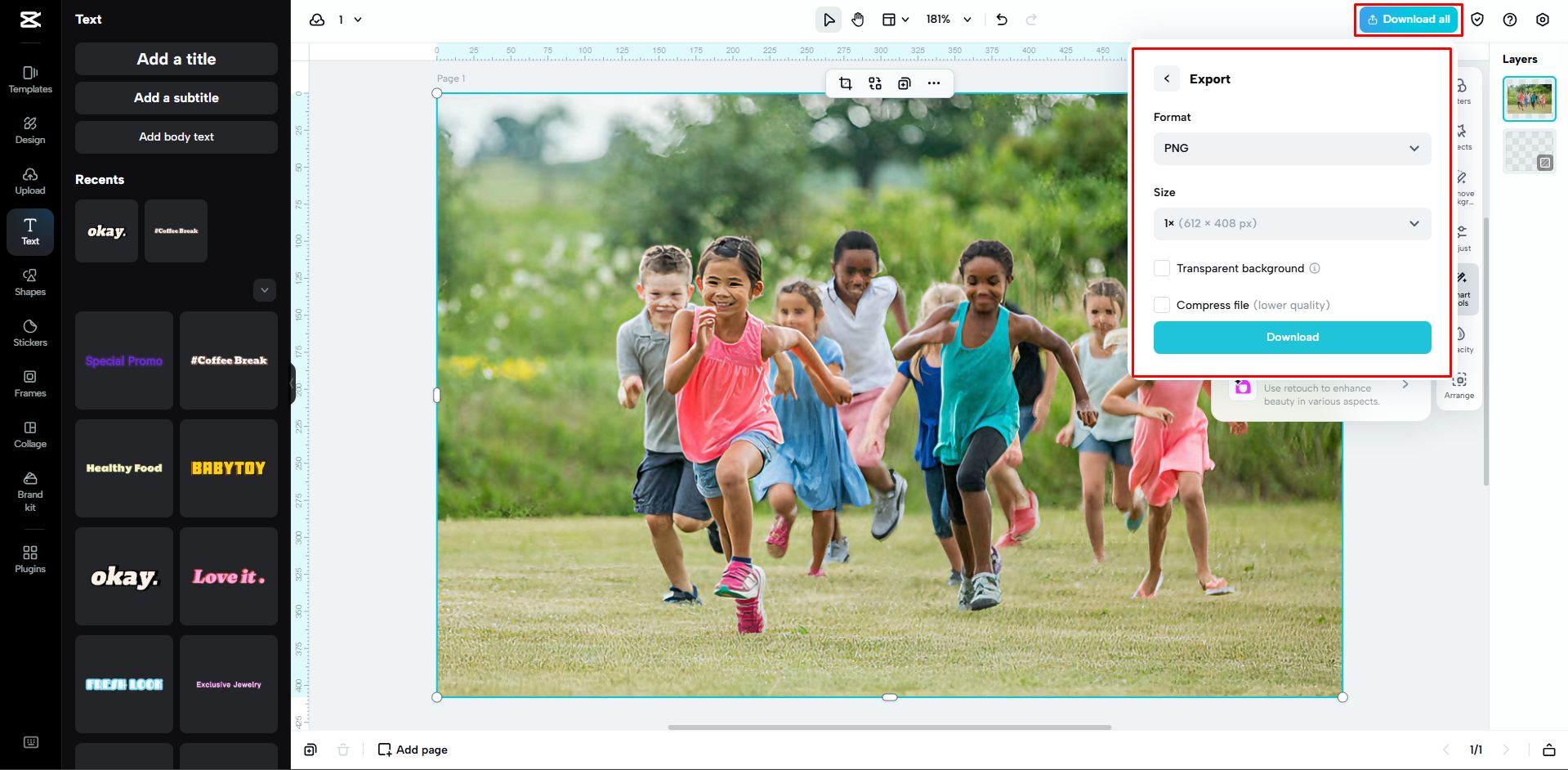 การส่งออกภาพเป็น PNG จาก CapCut Web