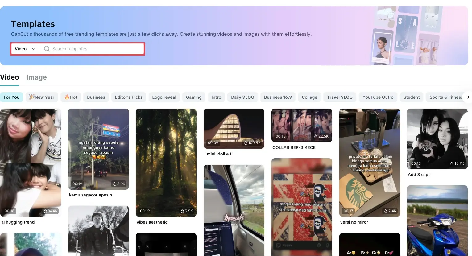 CapCut Templates page with a Video search bar and template thumbnails below