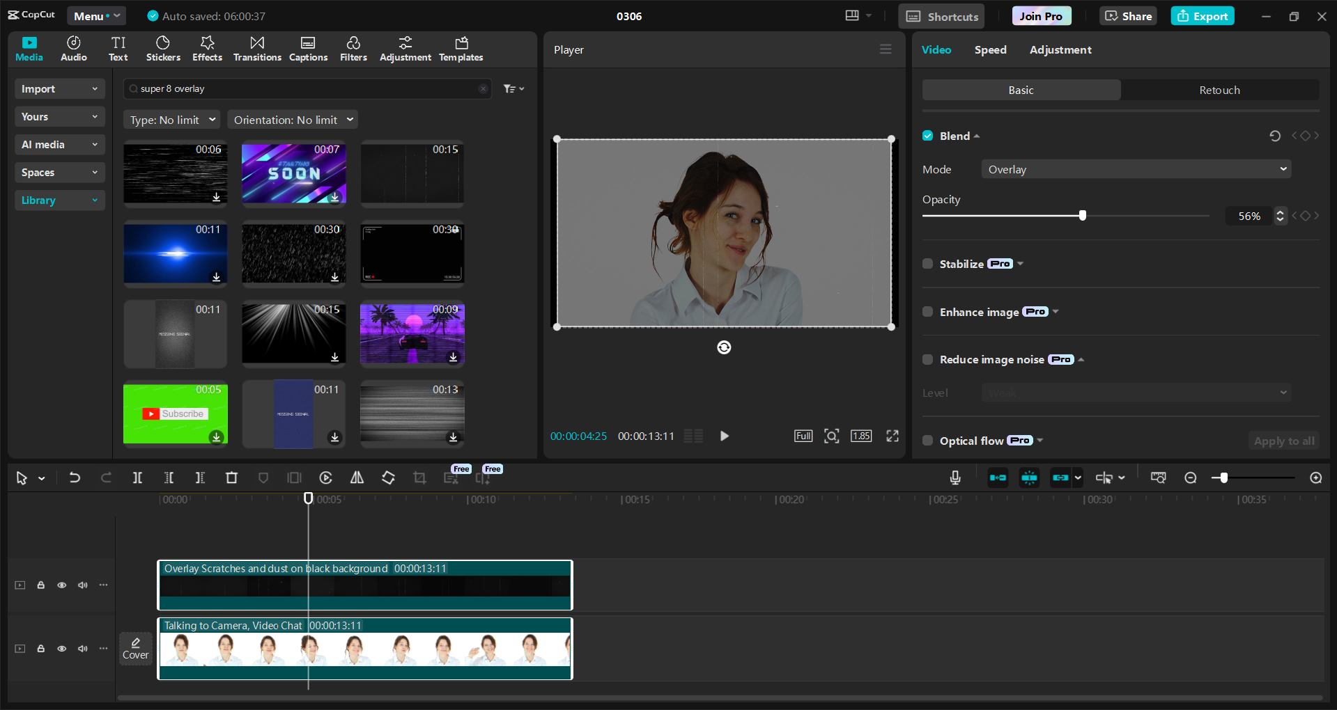 スーパー8フィルムオーバーレイのための最高のリソースであるCapCutデスクトップビデオエディタのインターフェース