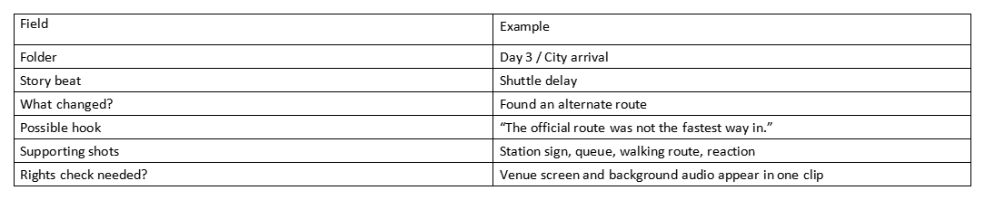 Table with fields and example entries for planning a vlog sequence and possible hook.