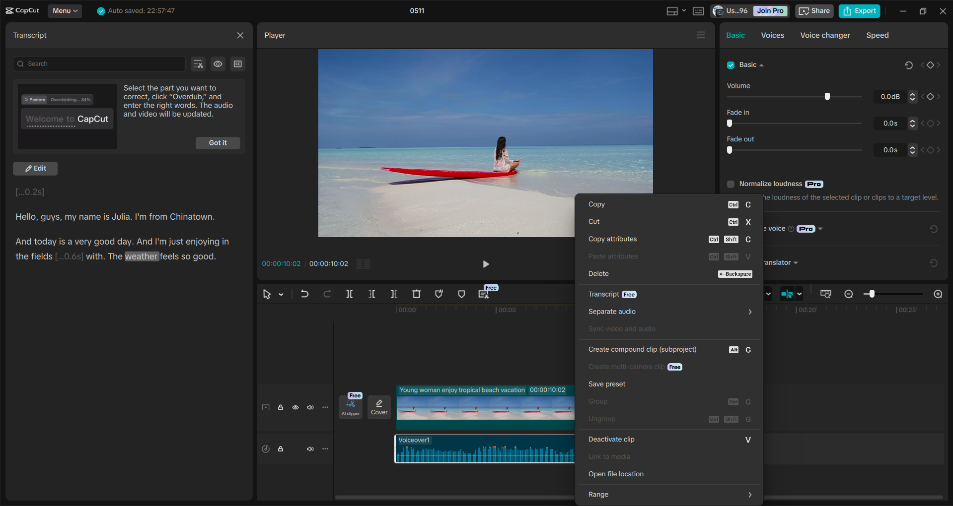 Interface of the CapCut desktop video editor - a user-friendly way to transcribe audio in YouTube videos