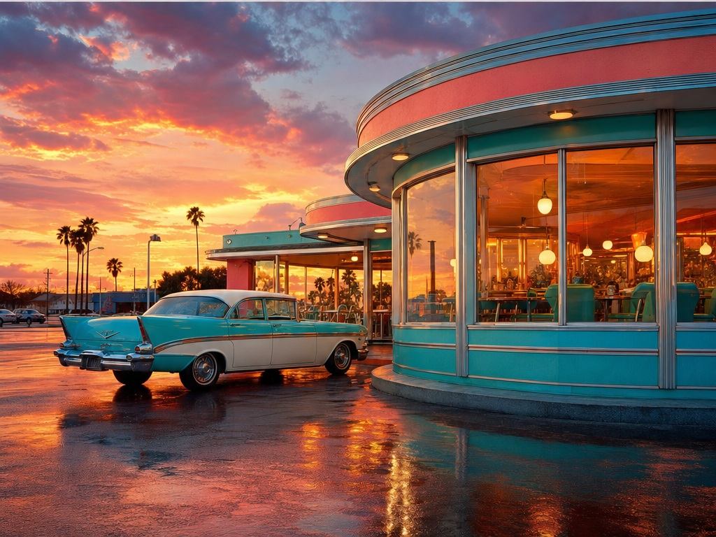Morphischer Text zu Bild AI Generator Alternative Aufforderung Beispiel 2 - Retro Diner bei Sonnenuntergang