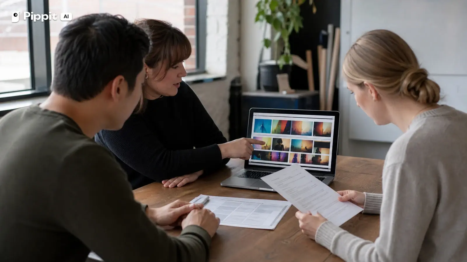 A marketing team reviews an advertisement preview and a creator permission record in a real studio office.
