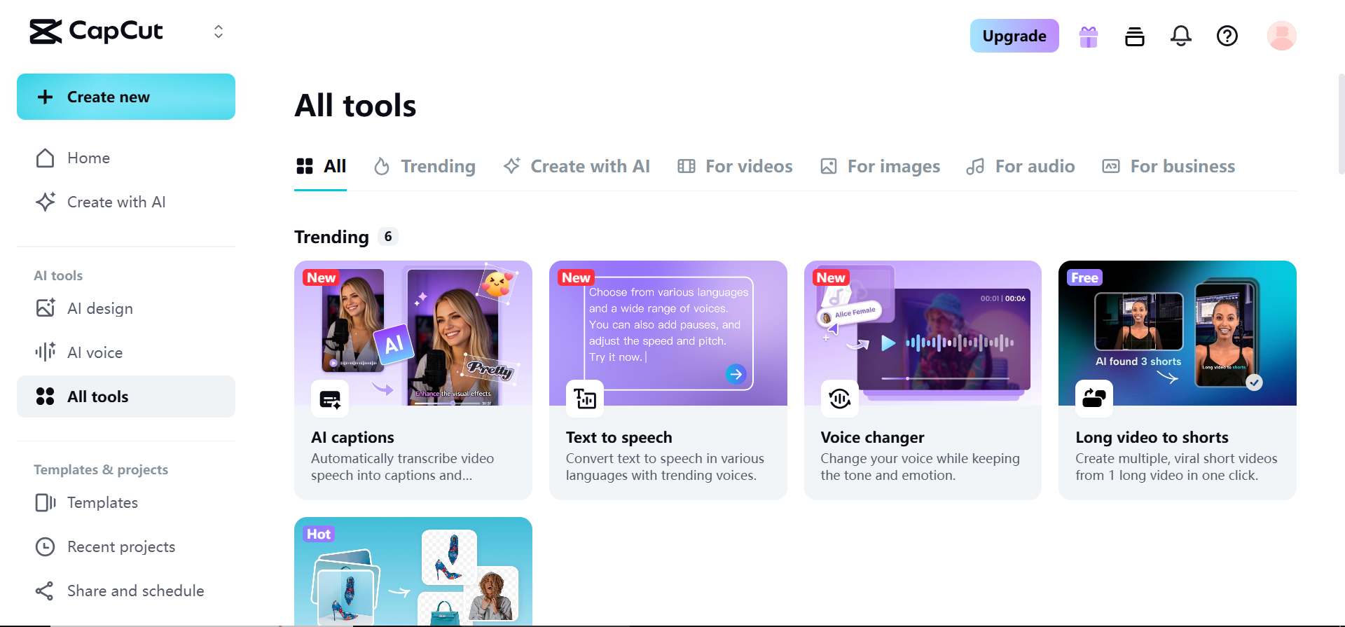 Página inicial do CapCut