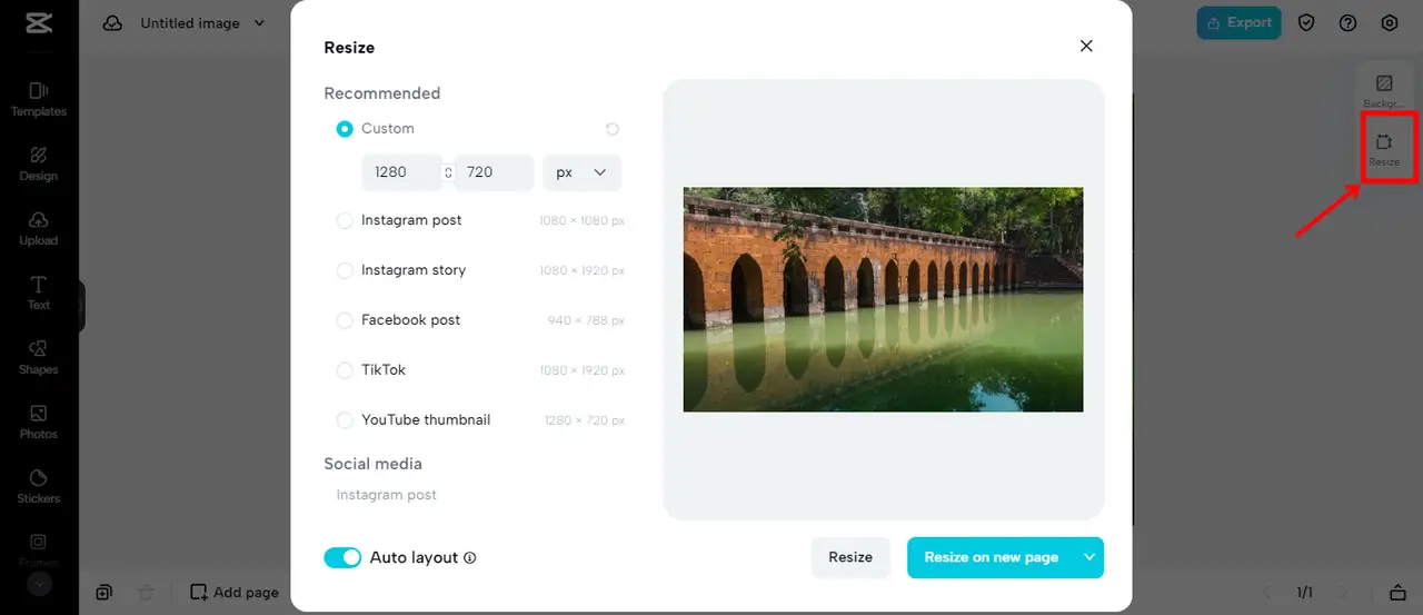 Resizing an image for social media using CapCut online photo editor
