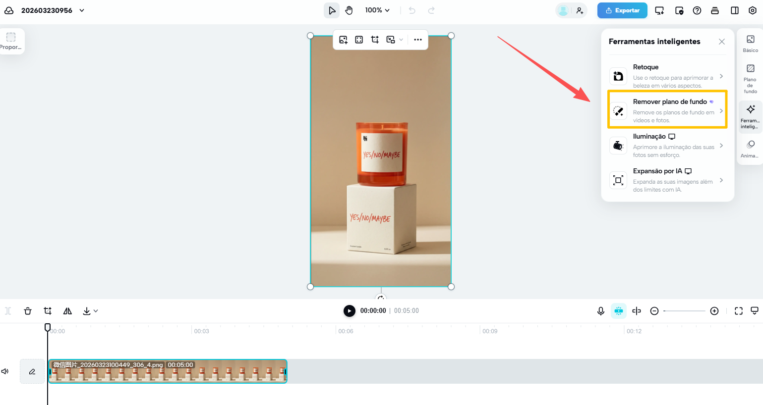 Selecionando ferramenta de remoção automática de fundo