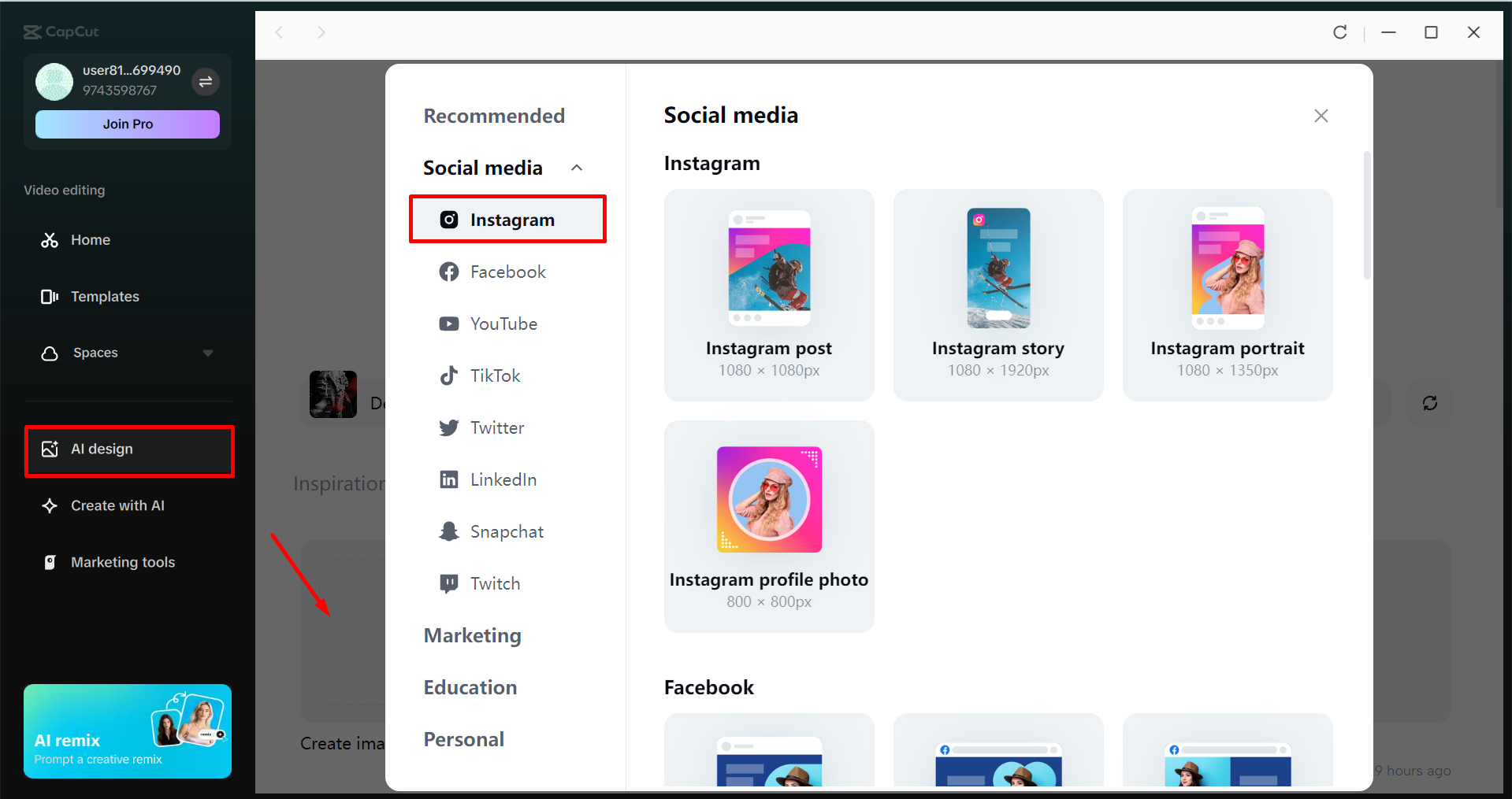 Accessing AI design tool in the CaapCut desktop video editor
