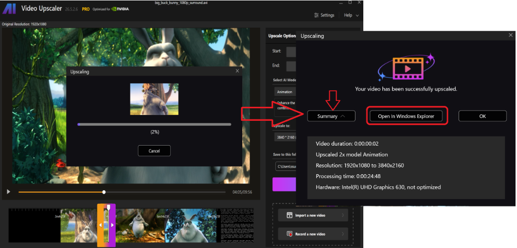 Saving the video from the Nero AI video upscaler