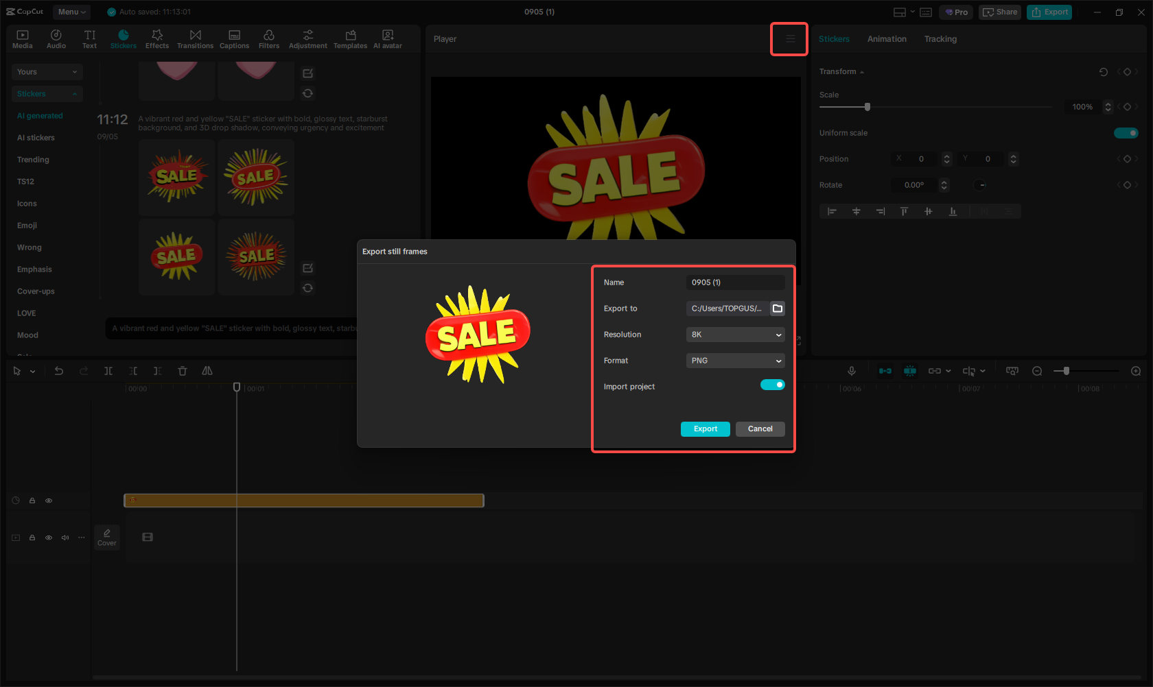 Exporting the AI-generated sticker in CapCut