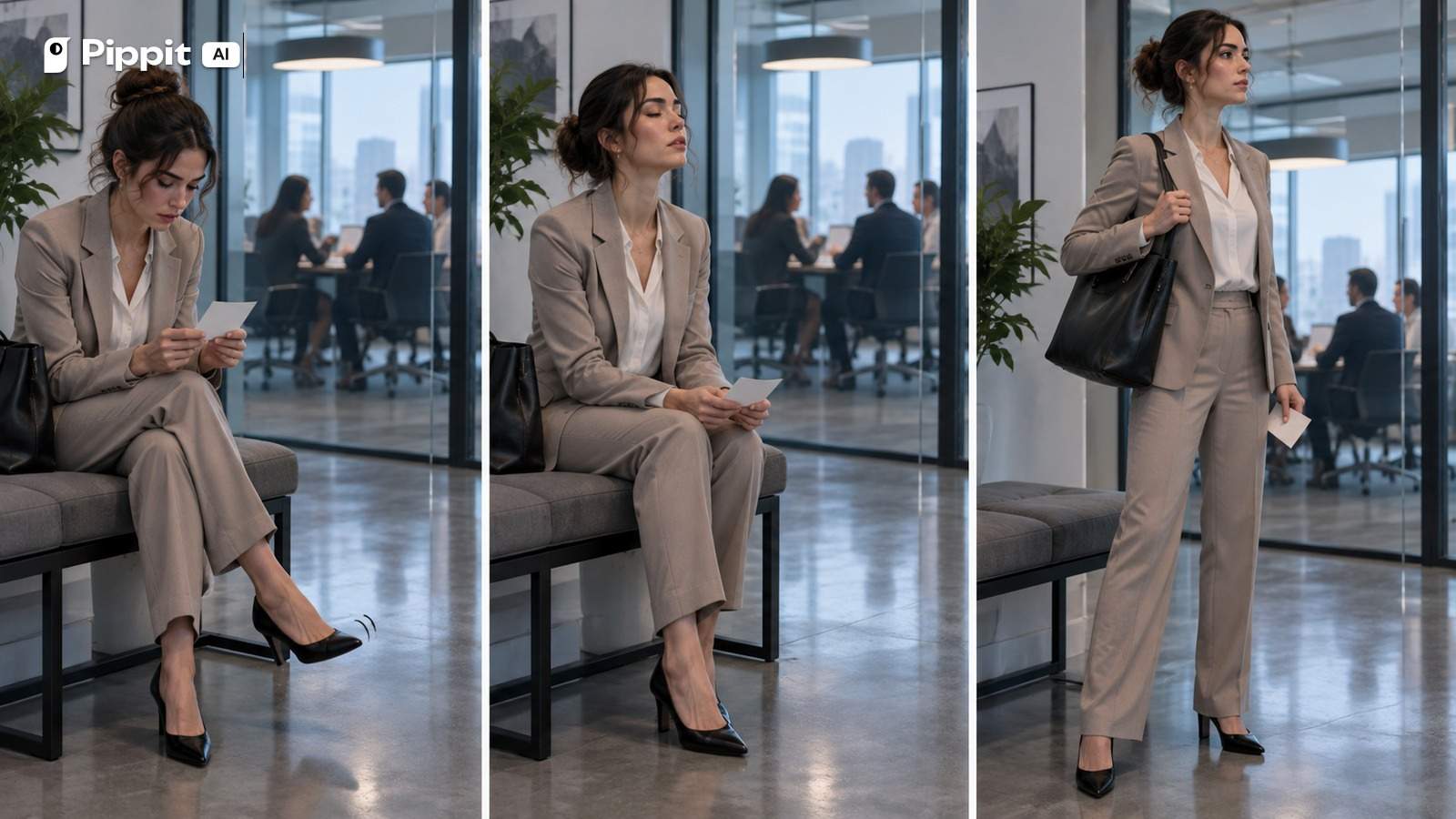 Three frames show a woman reading a note, breathing, straightening her posture, and standing.