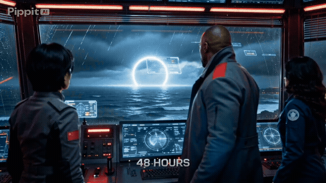 Three people watch a glowing sea portal from a futuristic control room with 48-HOURS text.