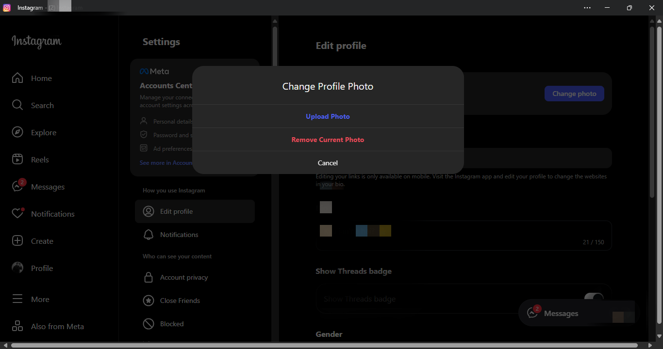 Upload a photo on the Instagram desktop