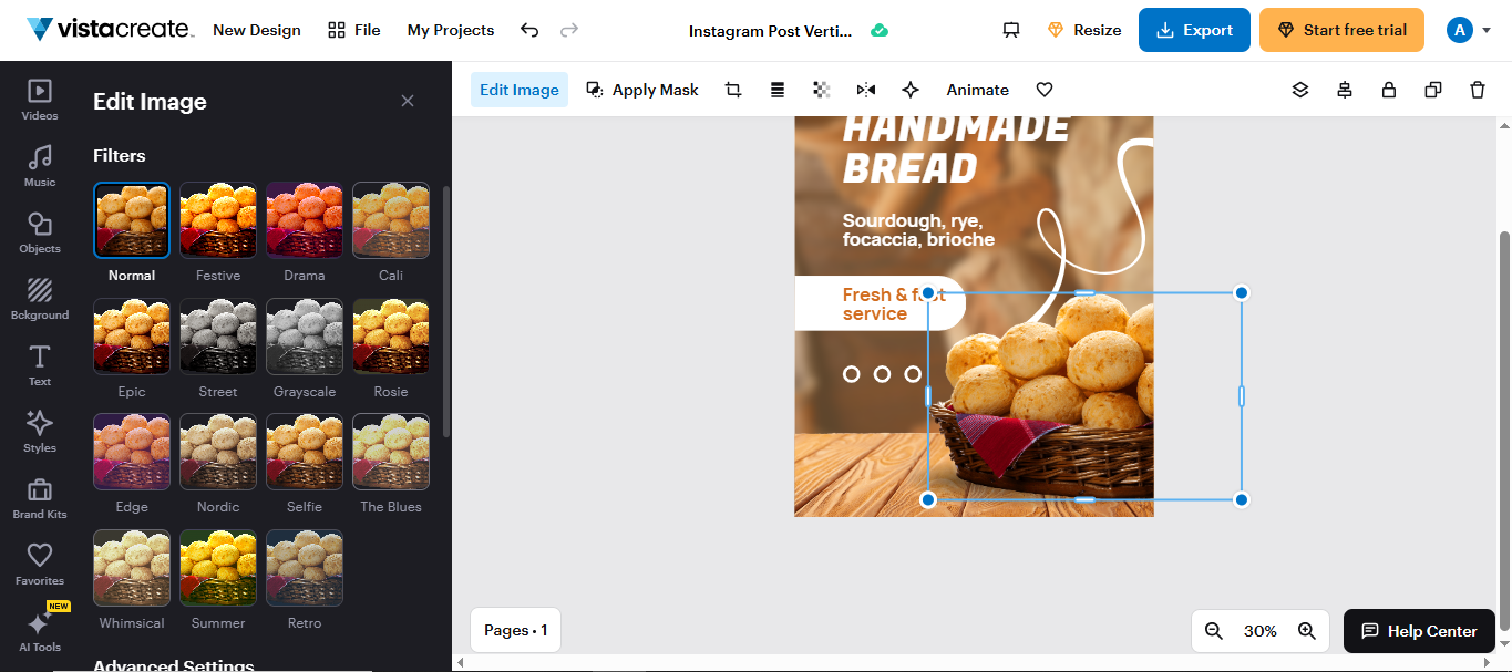 Interface of Crello - a powerful tool to add filters to your content