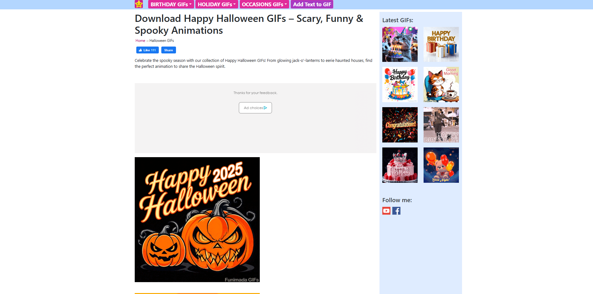 Interface of Funimada - a site with different Halloween GIFs