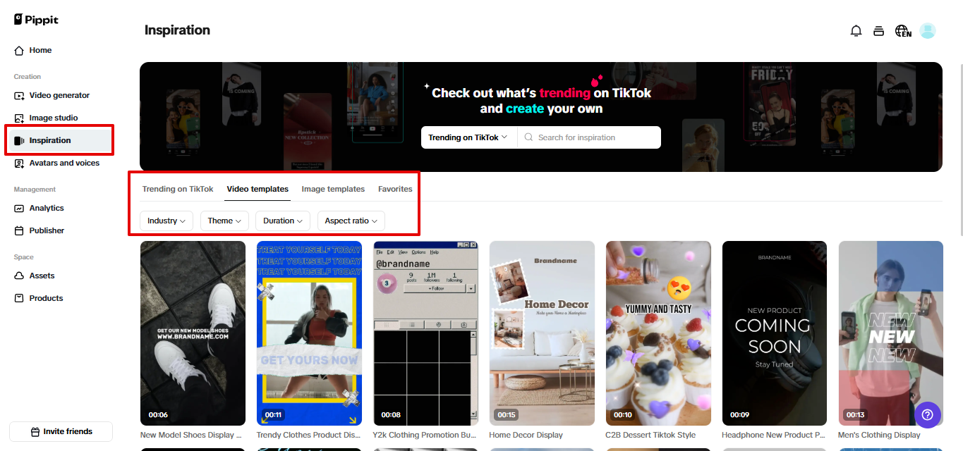 Preset templates in Pippit