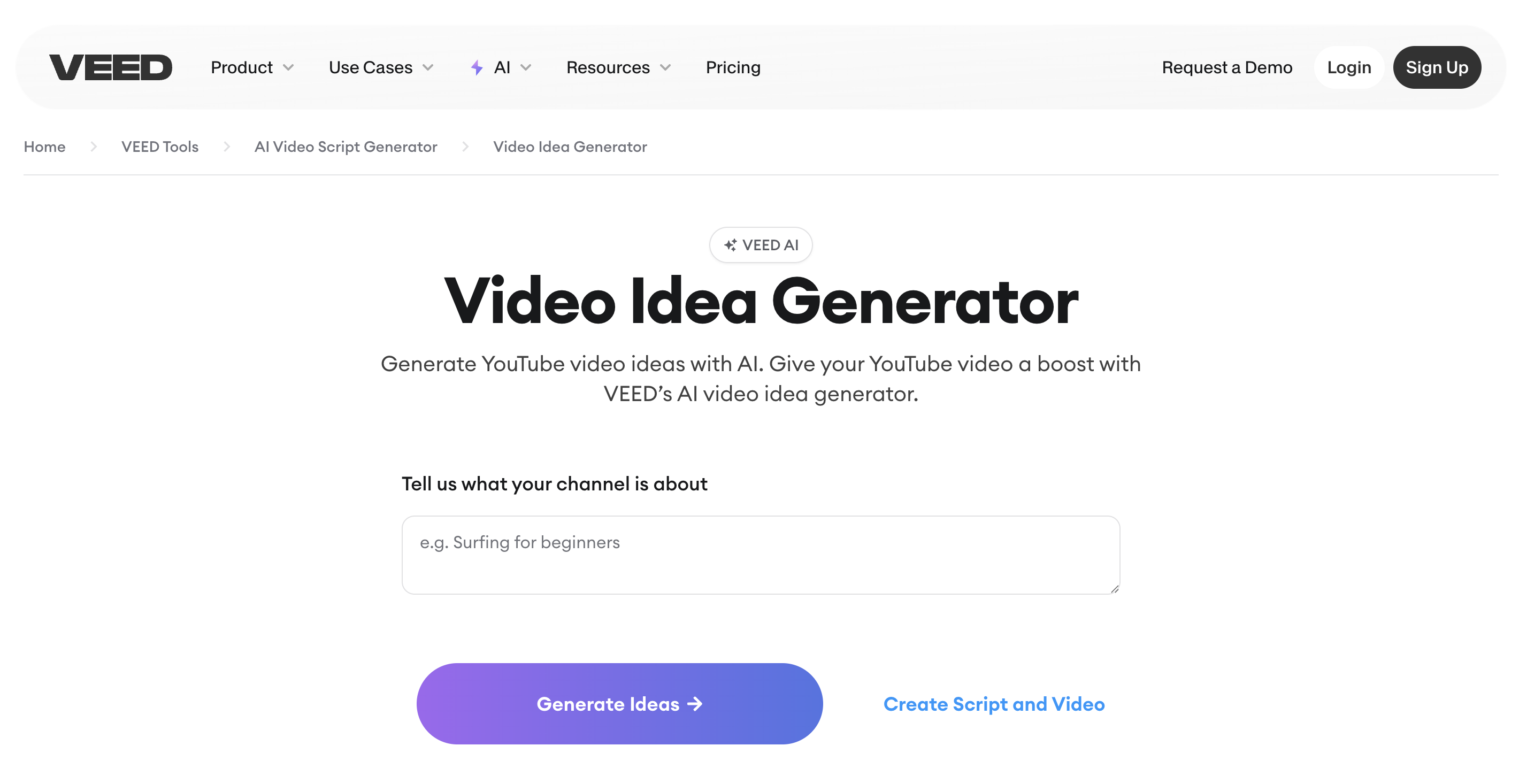 Generator de idei pentru videoclipuri YouTube de la Veed.IO