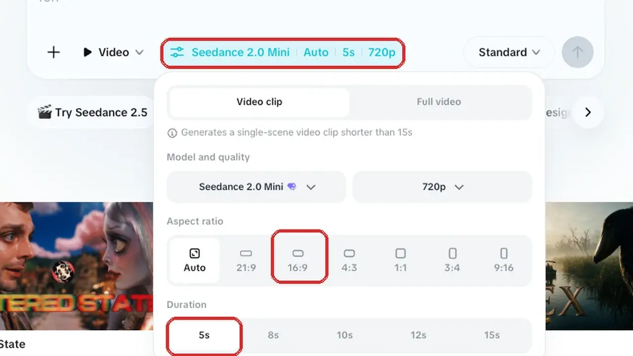 CapCut AI video settings panel with 16:9 aspect ratio and 5s duration selected