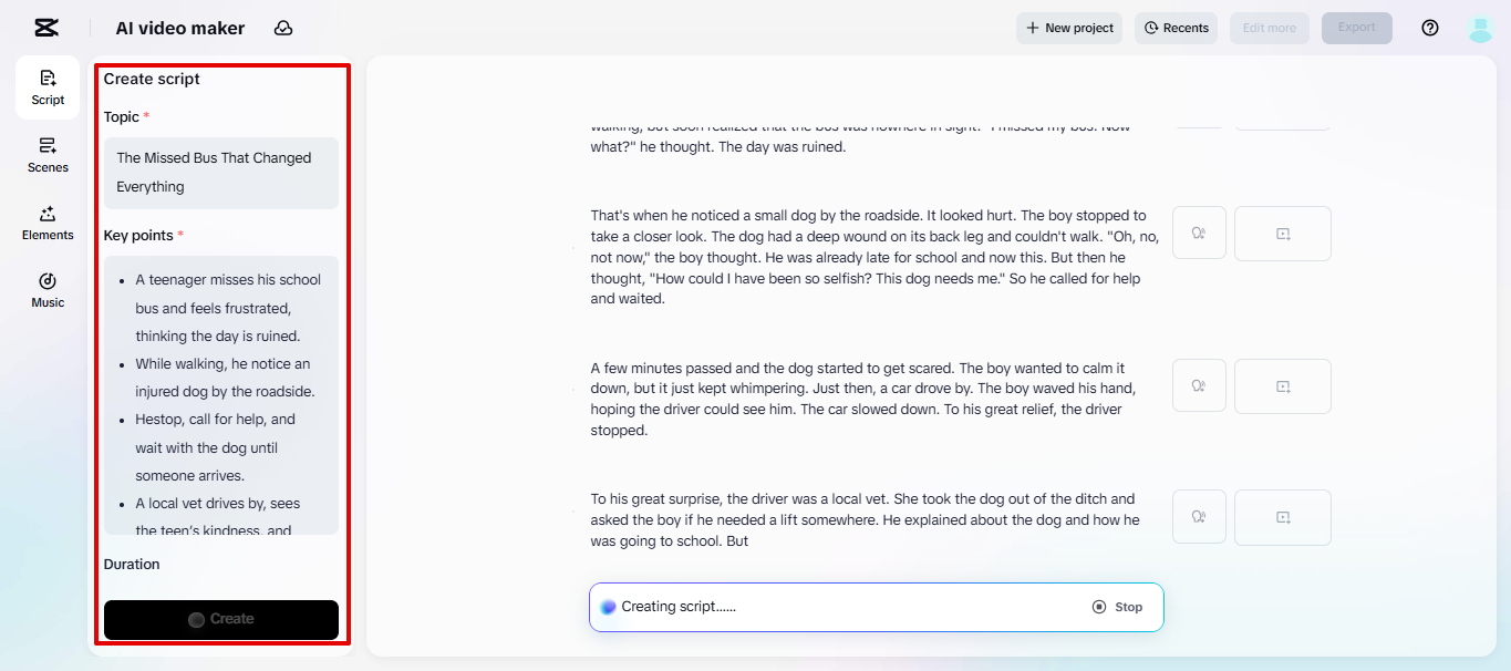 Generating script with CapCut Web