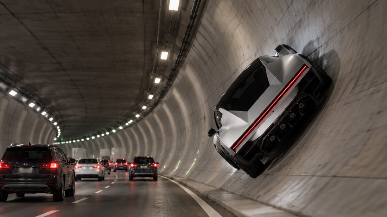 A new-generation silver-white angular Roadster climbing the curved right sidewall of a congested tunnel, four tires against the curved wall, black canopy tilted toward the open tunnel interior, upright cars queued below