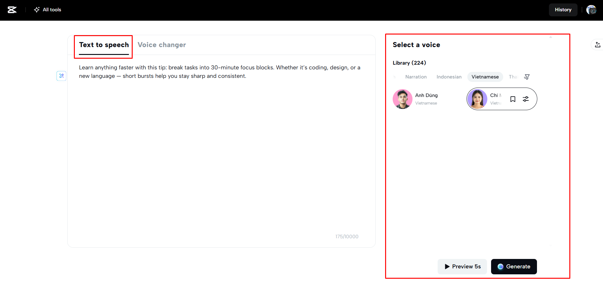 Converting text to speech with CapCut Web