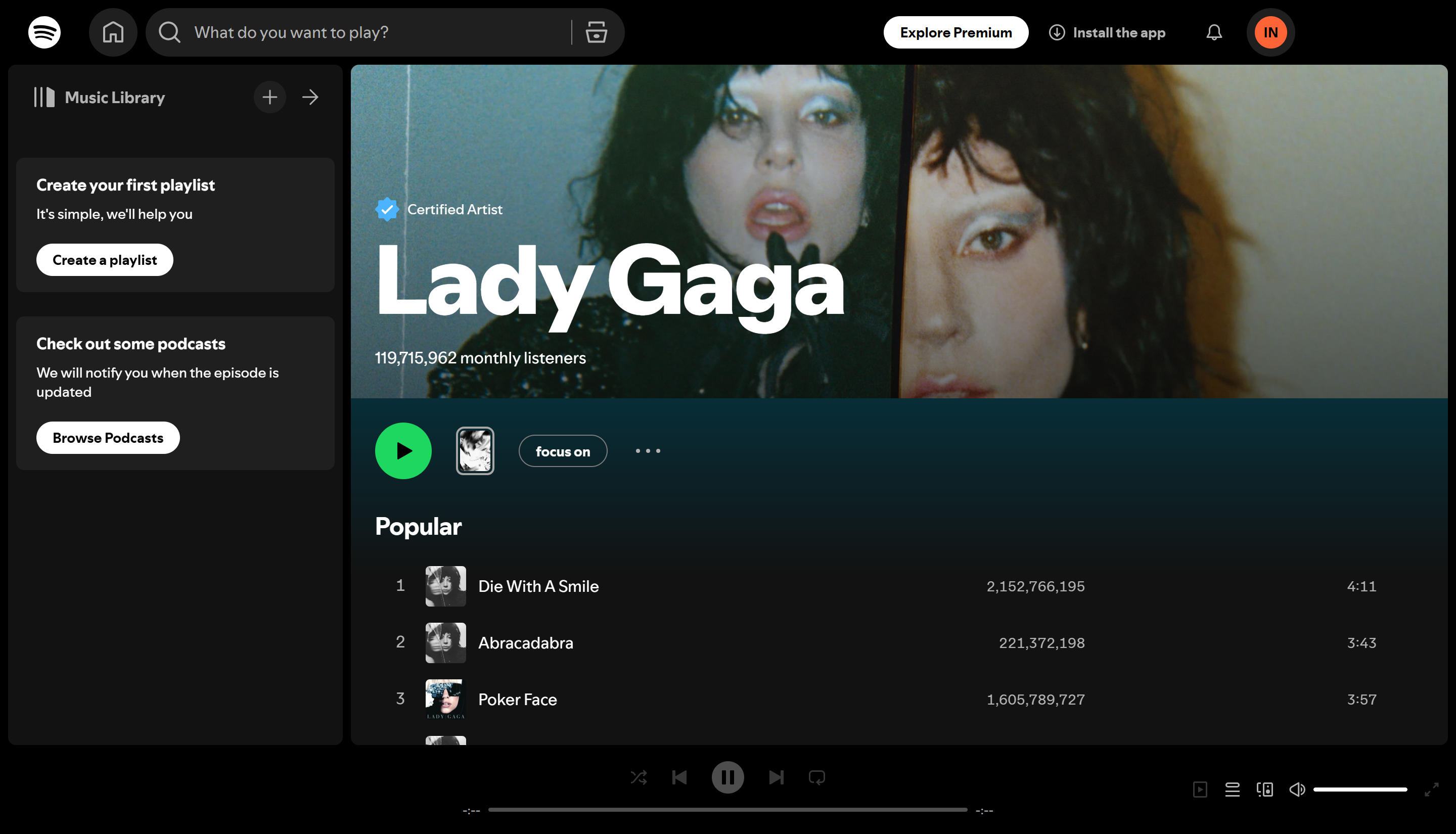 Lady Gaga - the most streamed female artist on Spotify