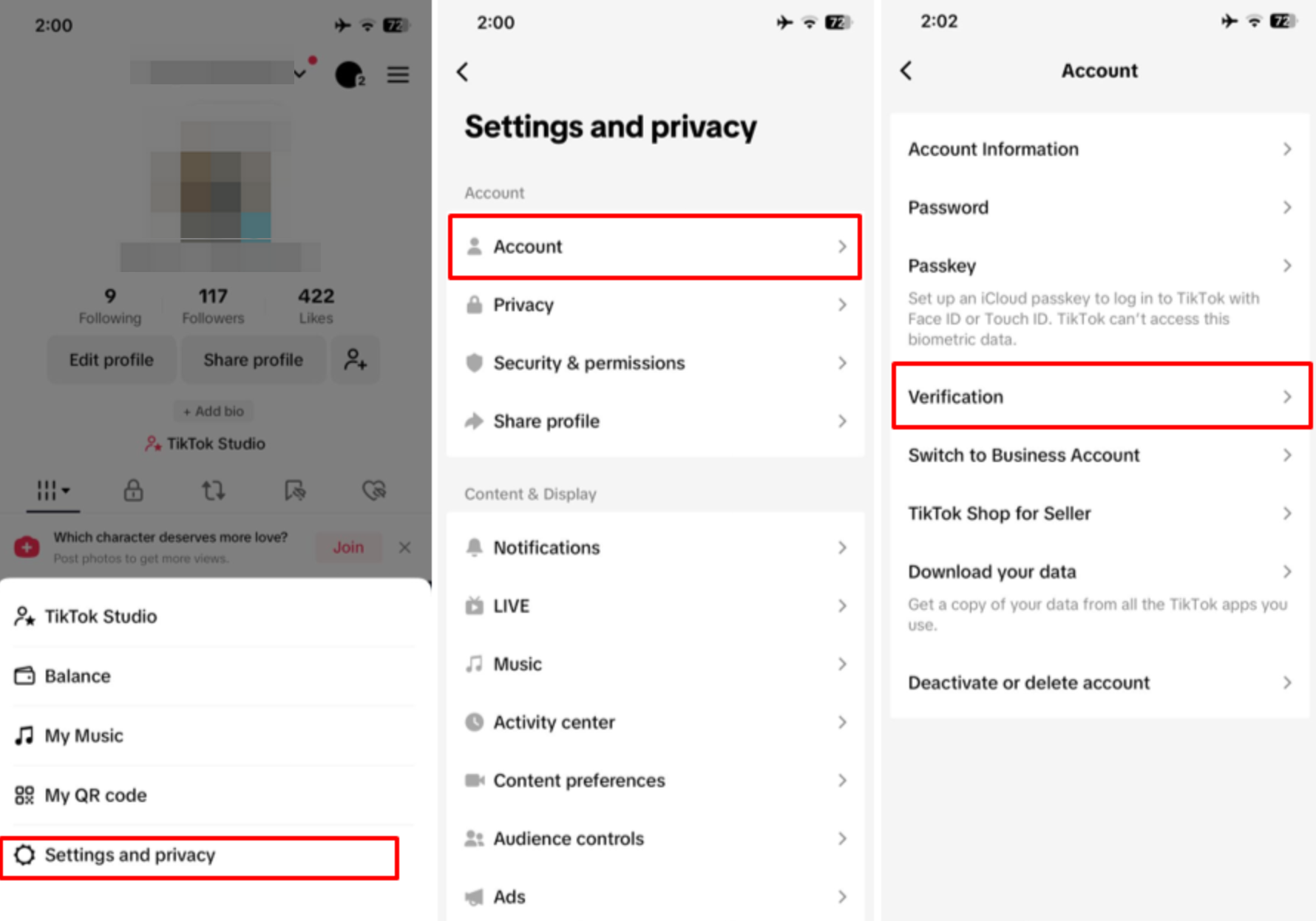 Image showing how to request the TikTok verification form on mobile
