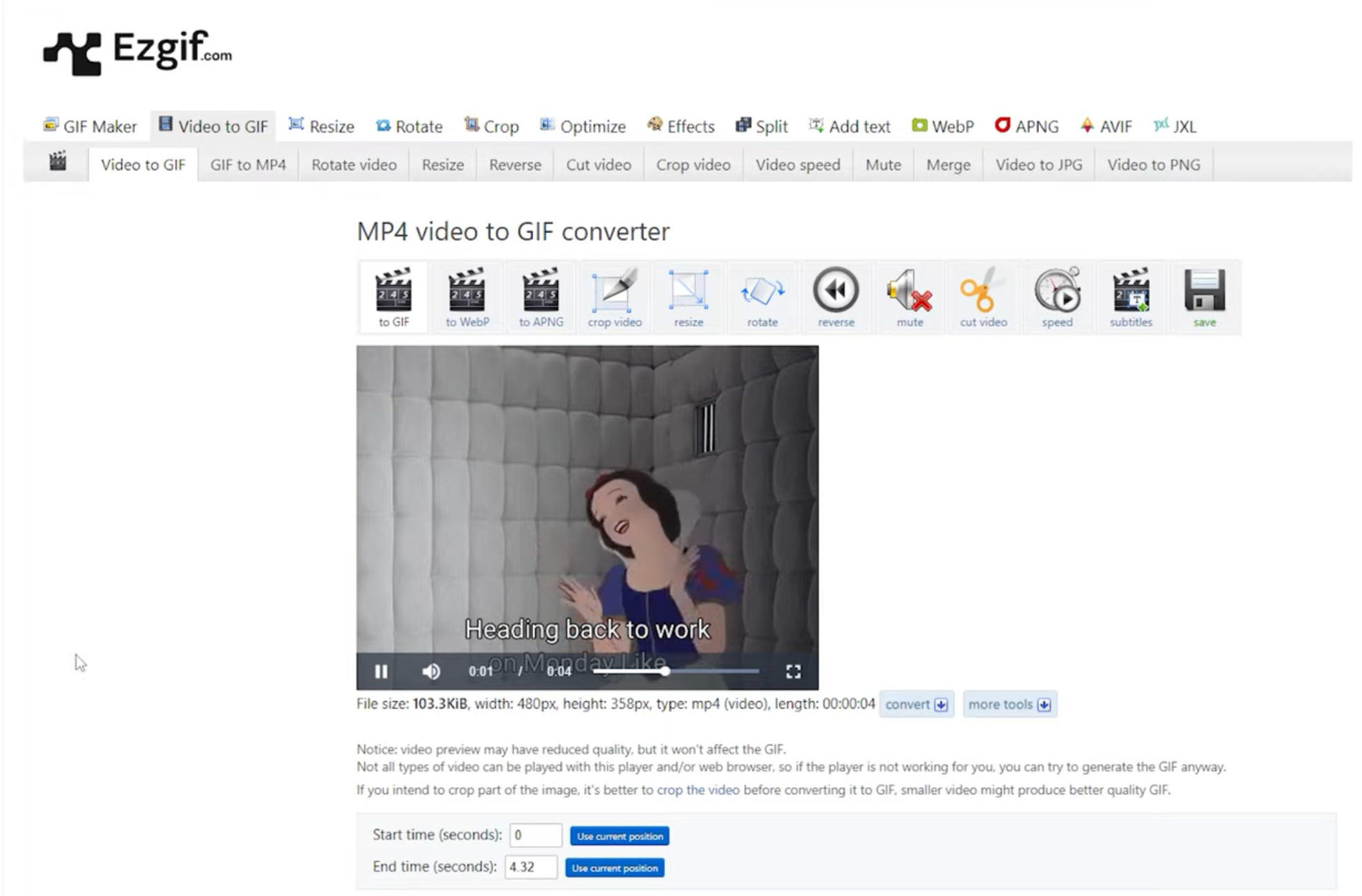 Interface of Ezgif - free GIF maker from videos available online
