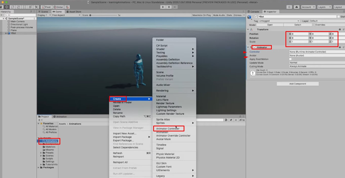 Configurando um Animator Controller no software de animação Unity.