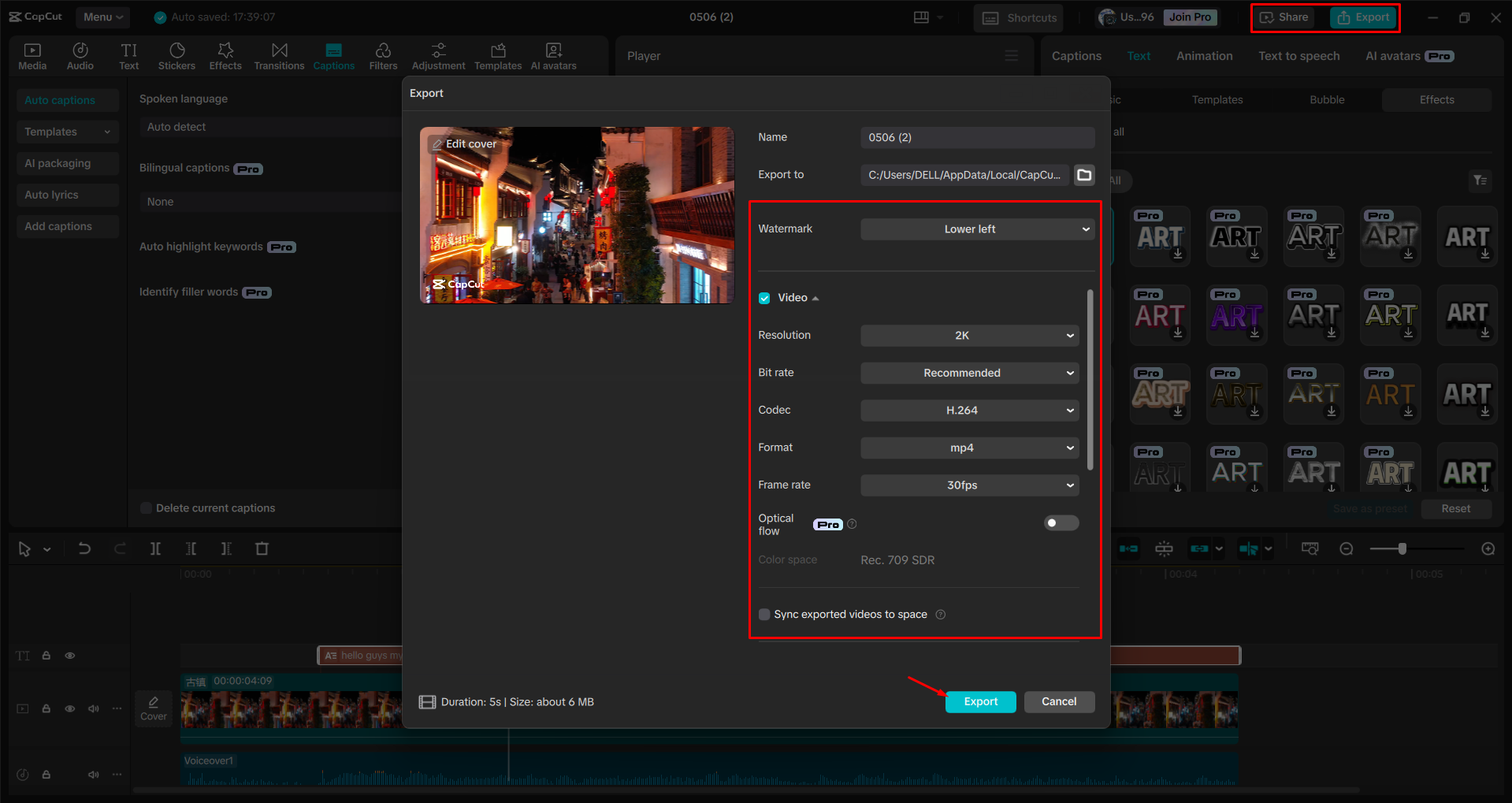 Exporting a video from the CapCut desktop video editor