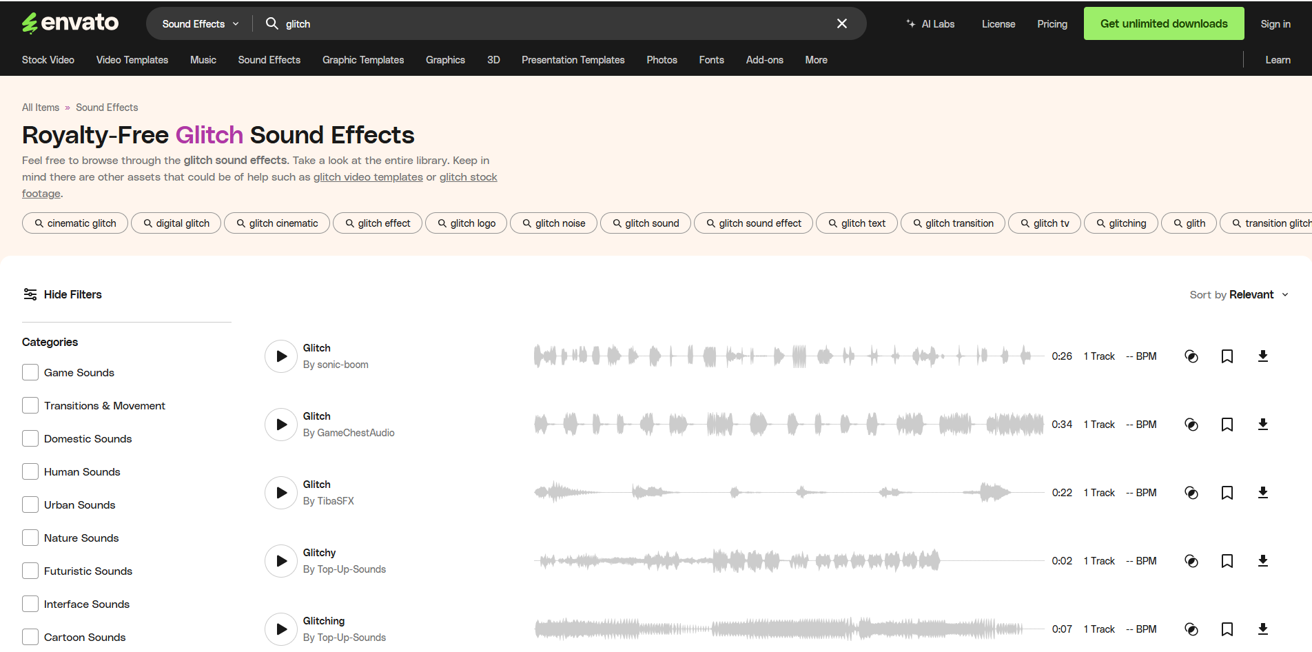 Interface of Envato - the perfect place to find glitch sound effects for YouTube