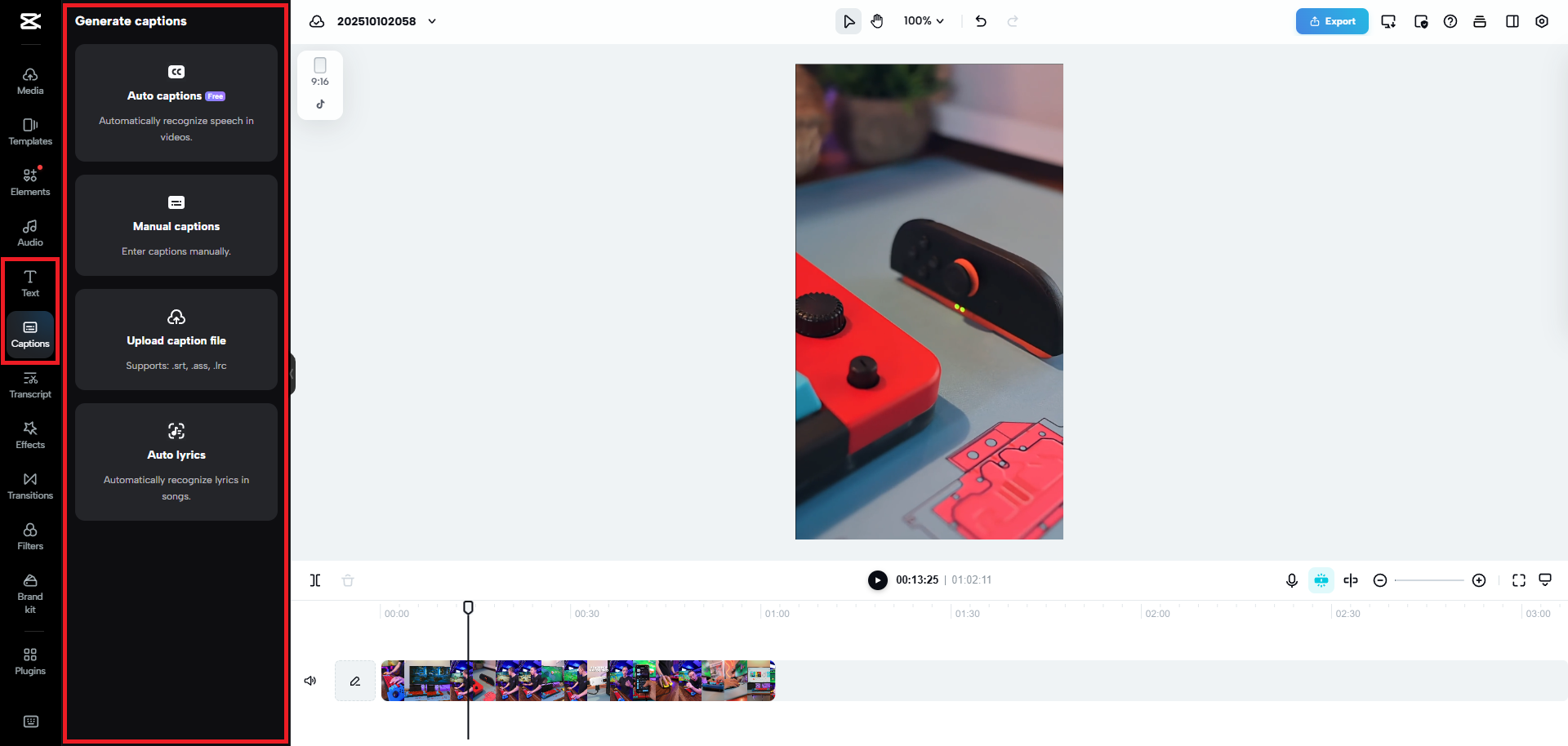 Insert text or captions into your video