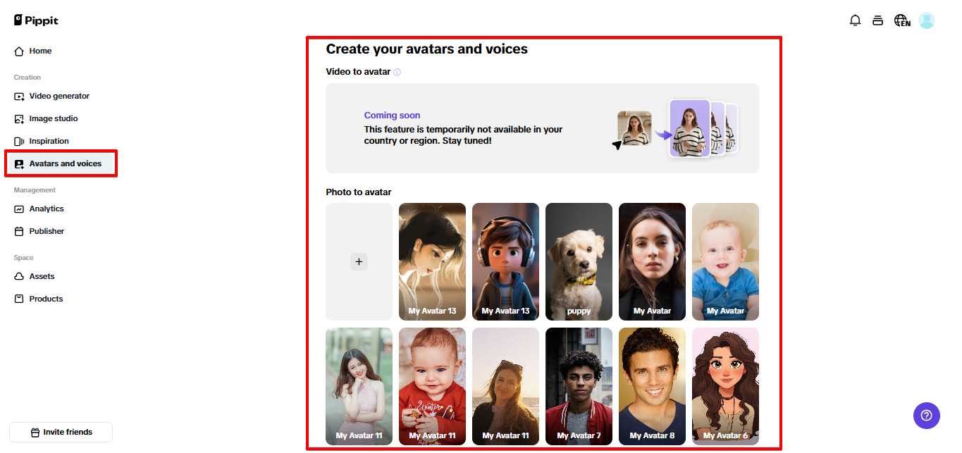 Avatar e vozes de IA no Pippit