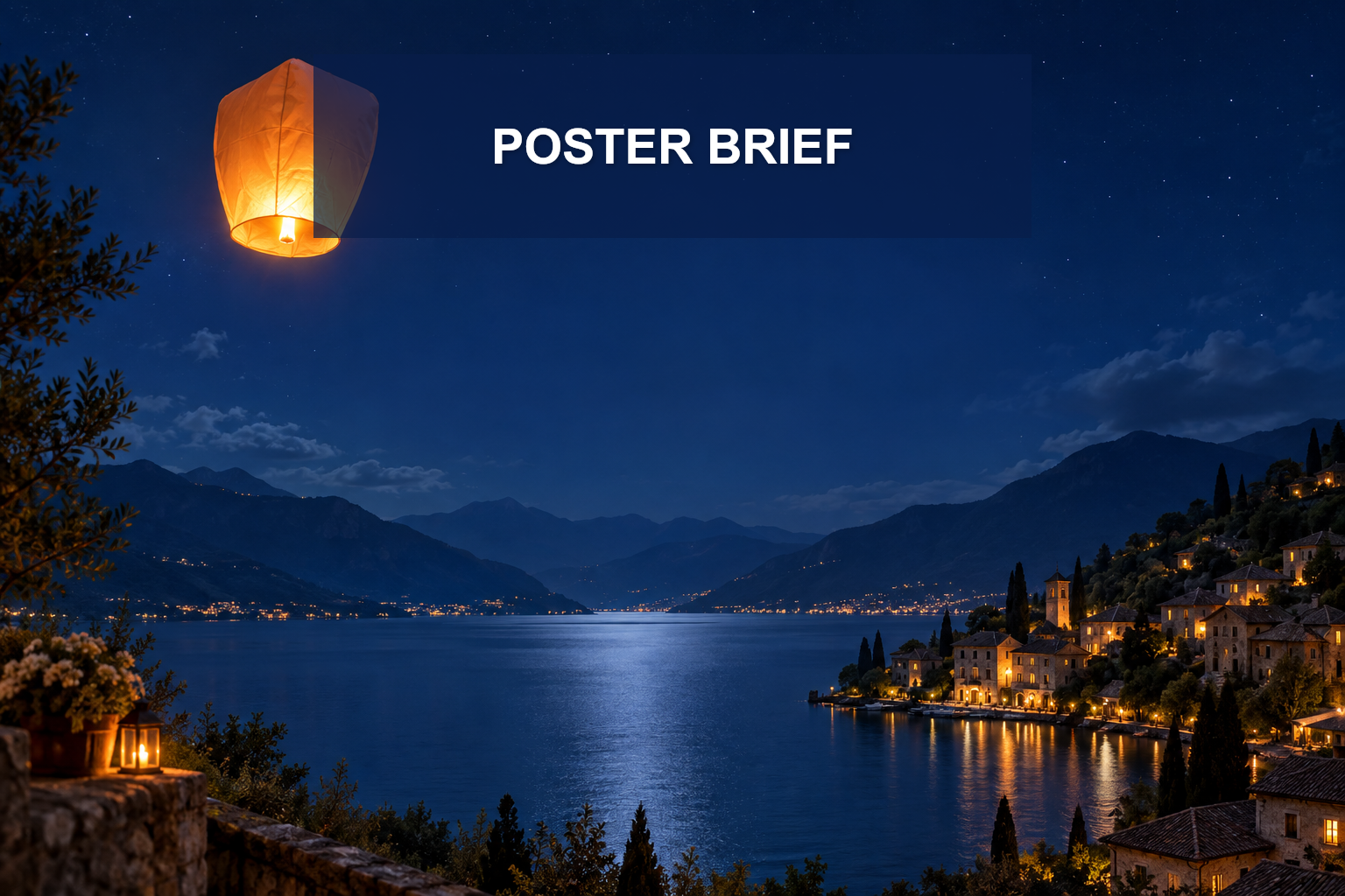 A bold fictional poster brief with a glowing orange lantern centered in generous dark space