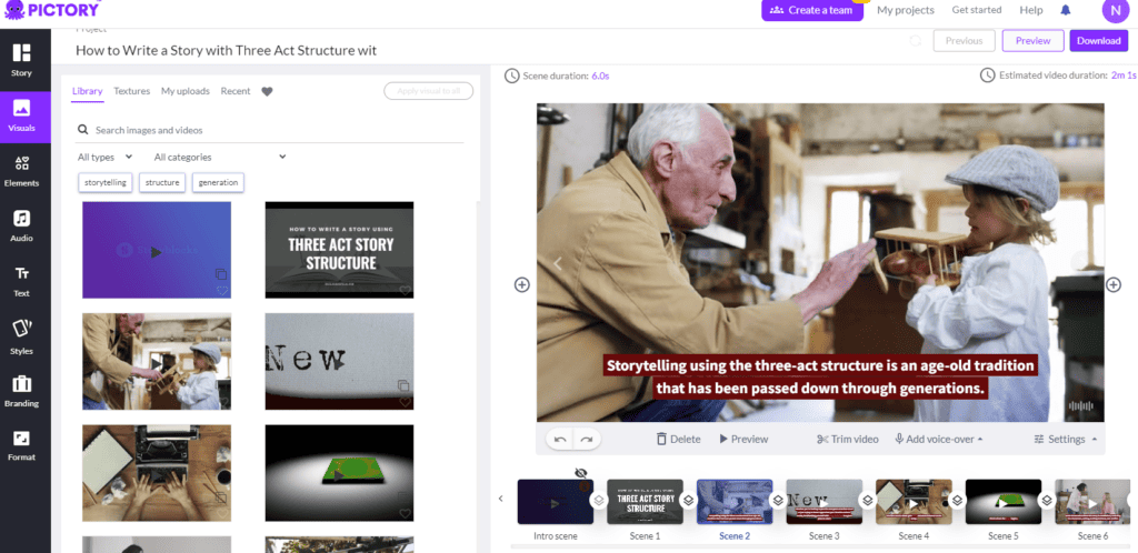 Pictory AI-Benutzeroberfläche