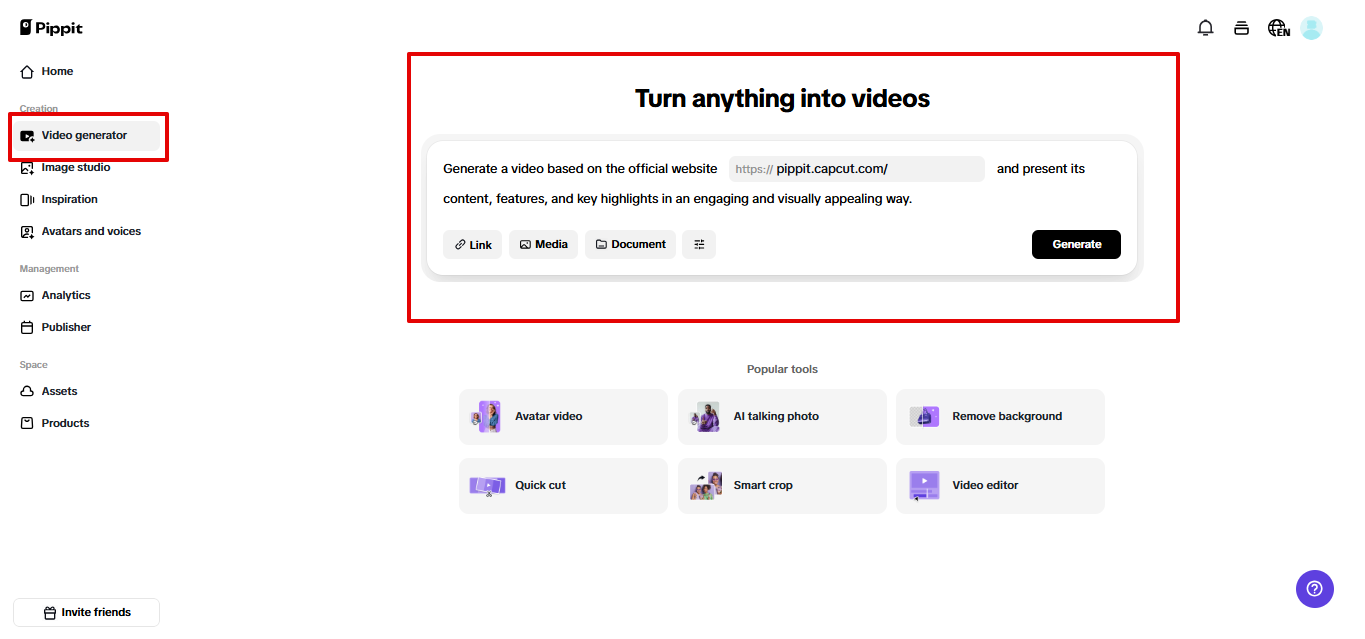 Accessing the video generator in Pippit