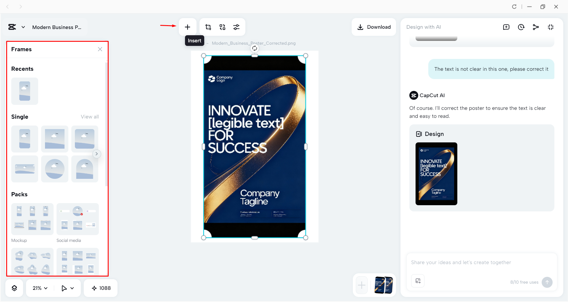 Editing the poster with CapCut's AI Design tool