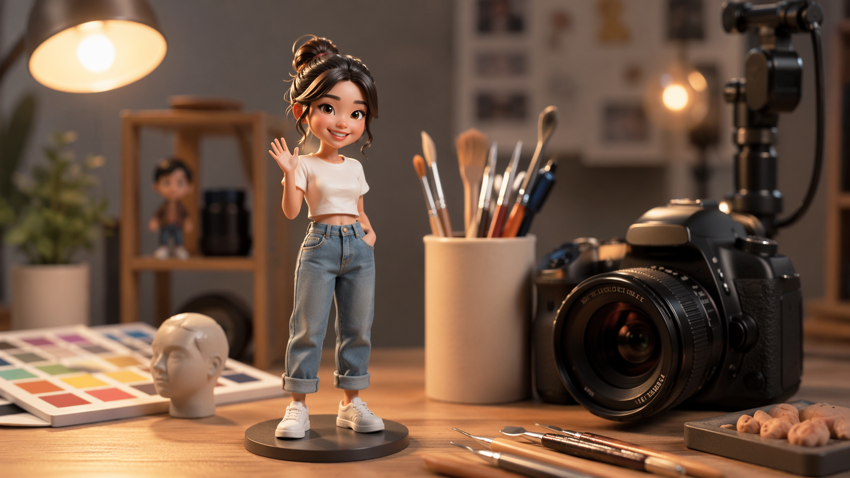 Mini personalized avatar figure beside creator tools and camera props in warm studio lighting.