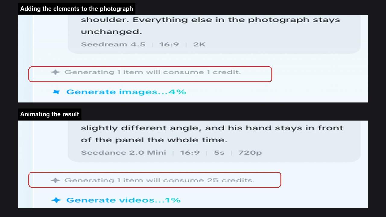 Two enlarged sections of the CapCut canvas, one showing a settings row reading Seedream 4.5, 16:9, 2K above a line reading Generating 1 item will consume 1 credit, the other showing Seedance 2.0 Mini, 16:9, 5s, 720p above a line reading Generating 1 item will consume 25 credits, both boxed in red.