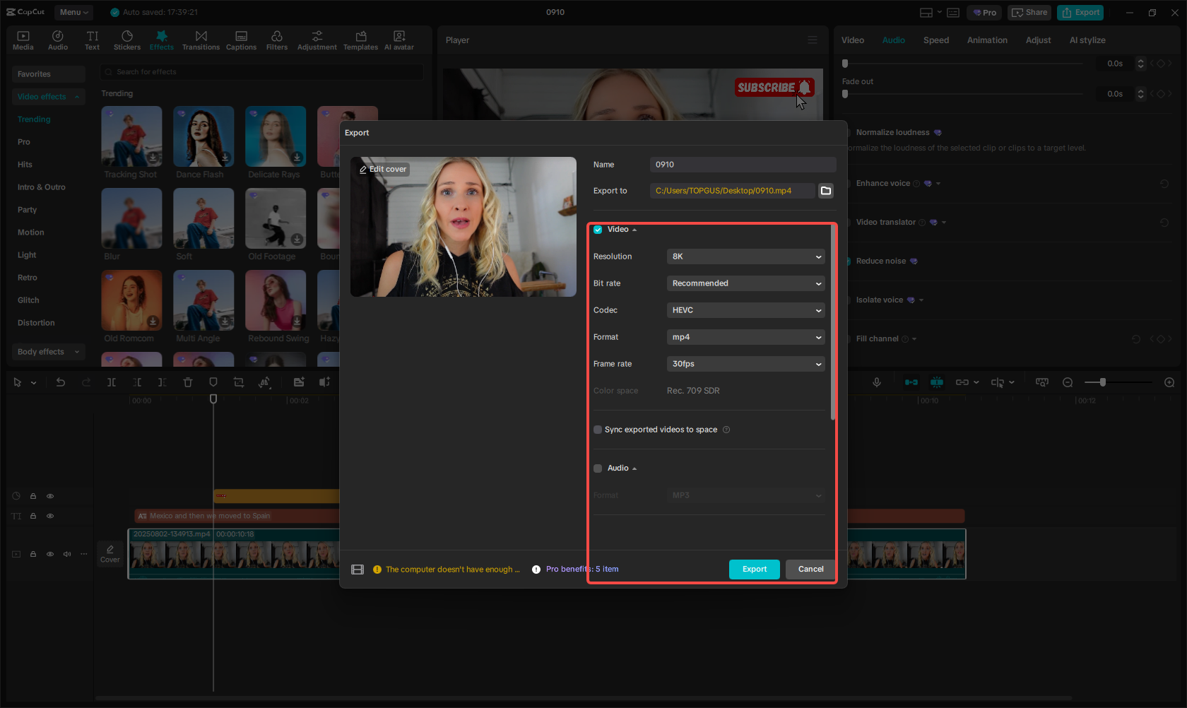 Exporting the video in CapCut