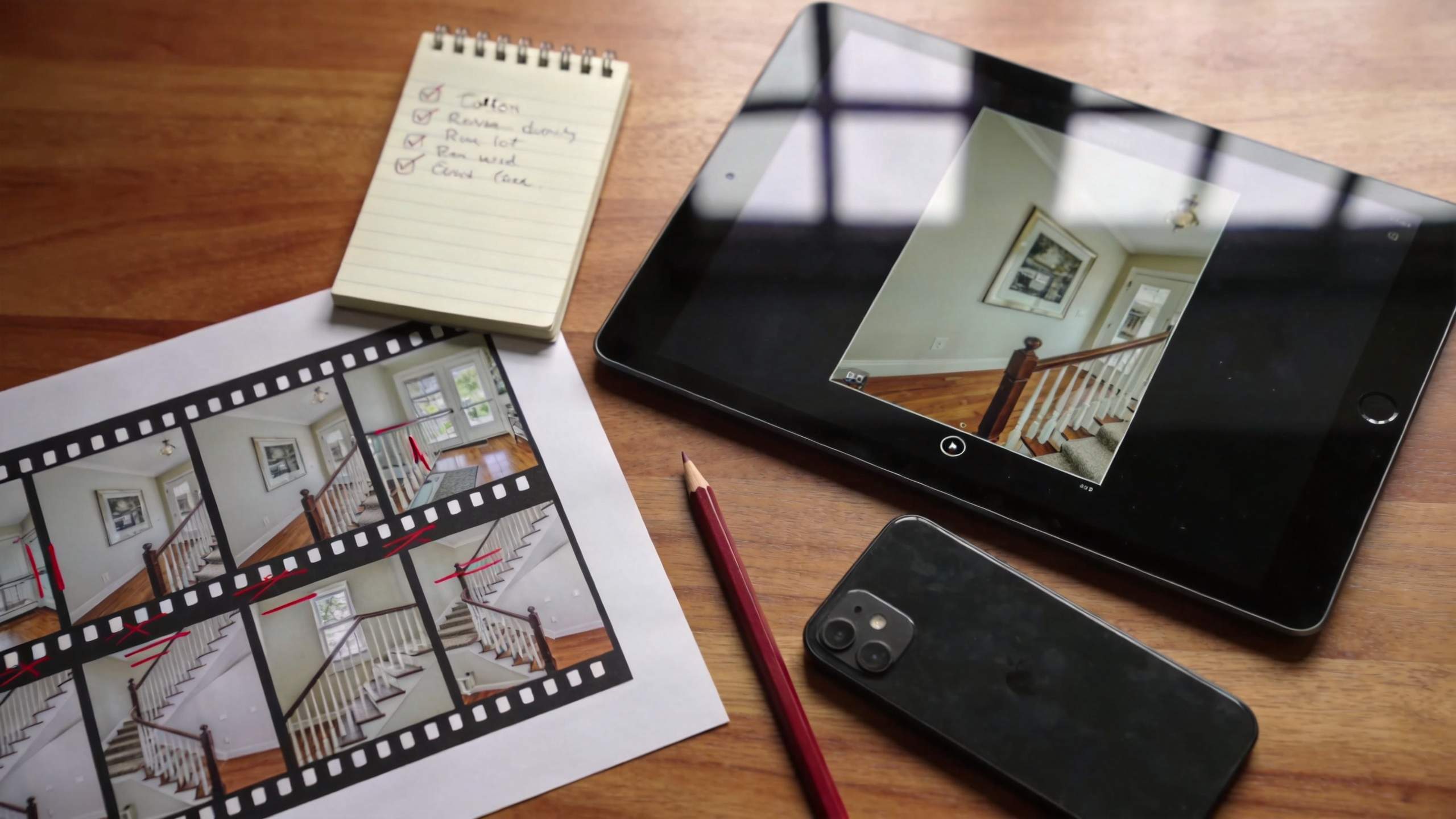 Tablet shows a house interior photo edit beside printed film strips, a phone, pencil, and notepad on a desk