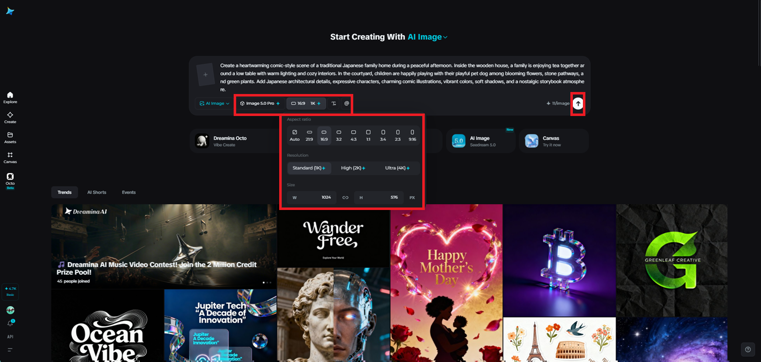 Select the image model and adjust settings