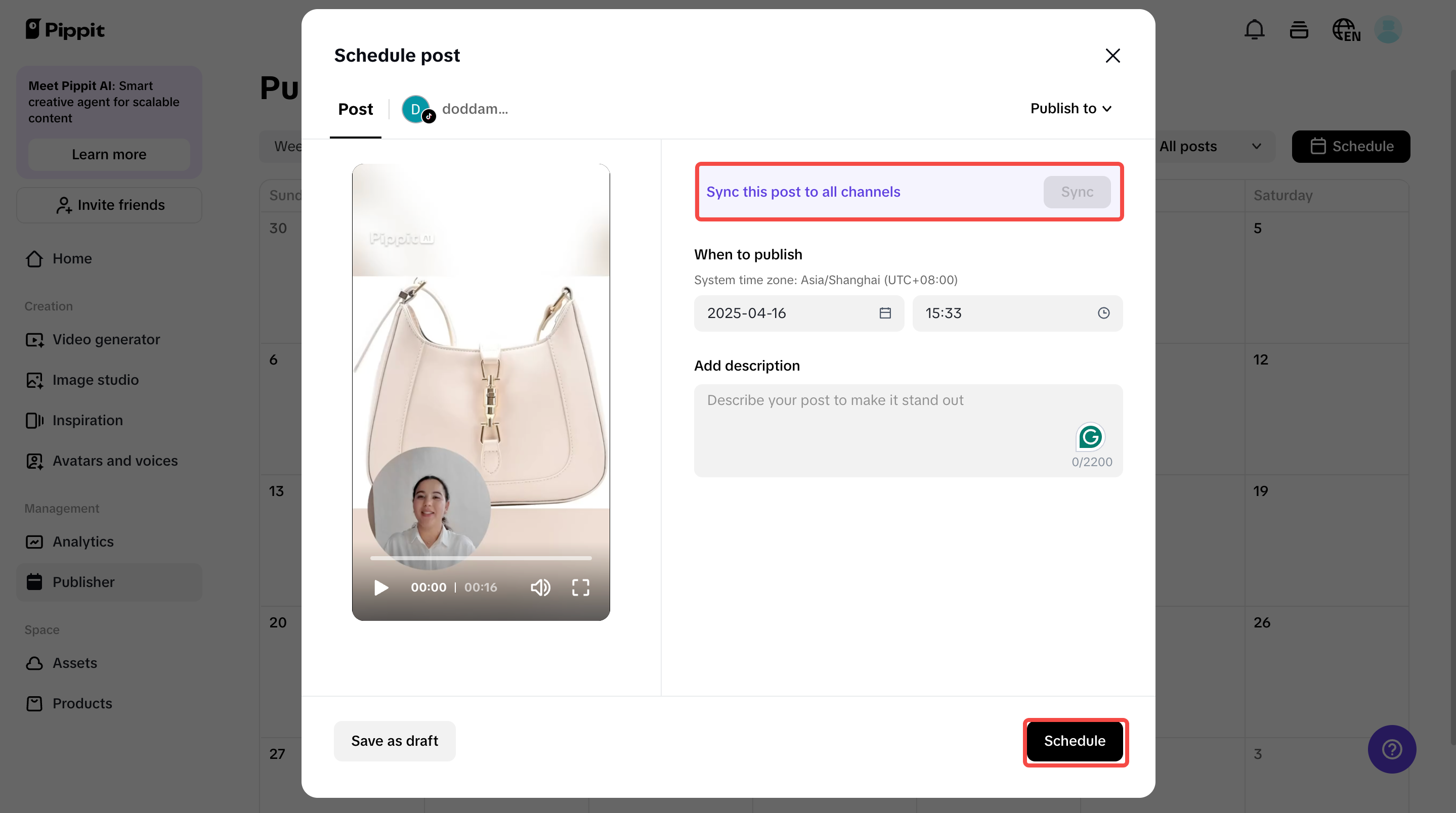 scheduling content on social media from Pippit