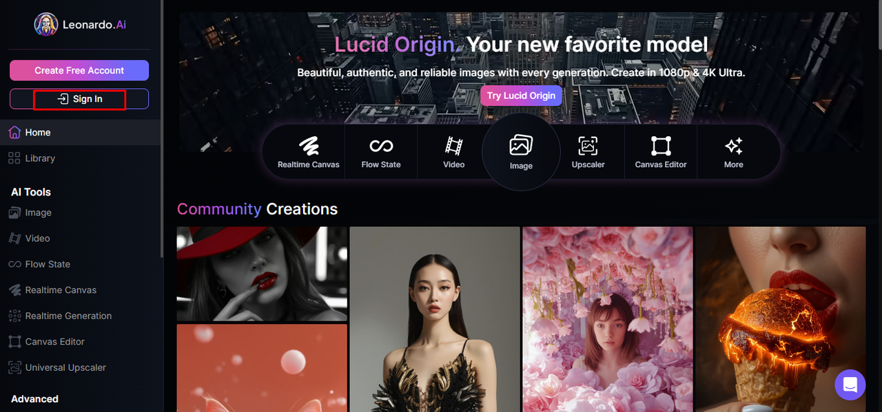 Leonardo AI login page on the official website