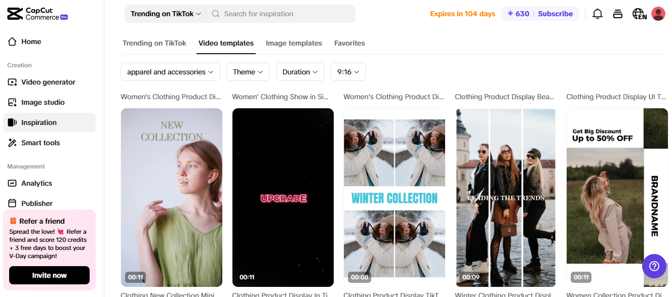 Pippit interface displaying video templates for online stores, ideal for creating engaging eCommerce content.