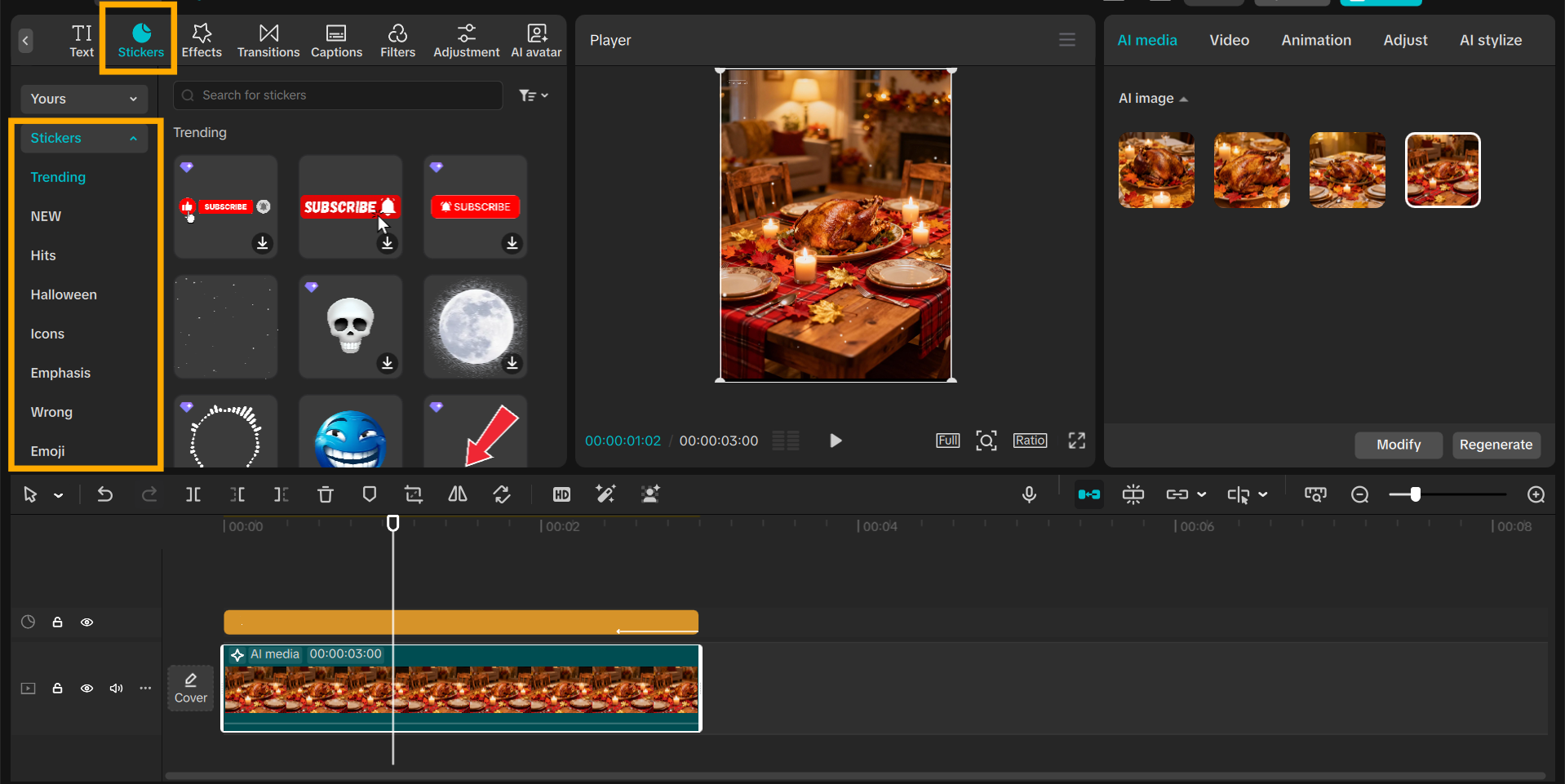 Funny thanksgiving GIF editing timeline on CapCut PC