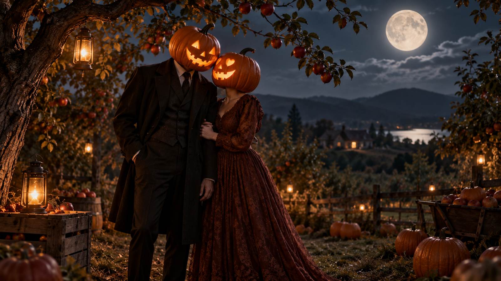 Pumpkin-head couple: Two fictional adults with differently carved pumpkin heads standing together in a moonlit orchard, romantic editorial photo