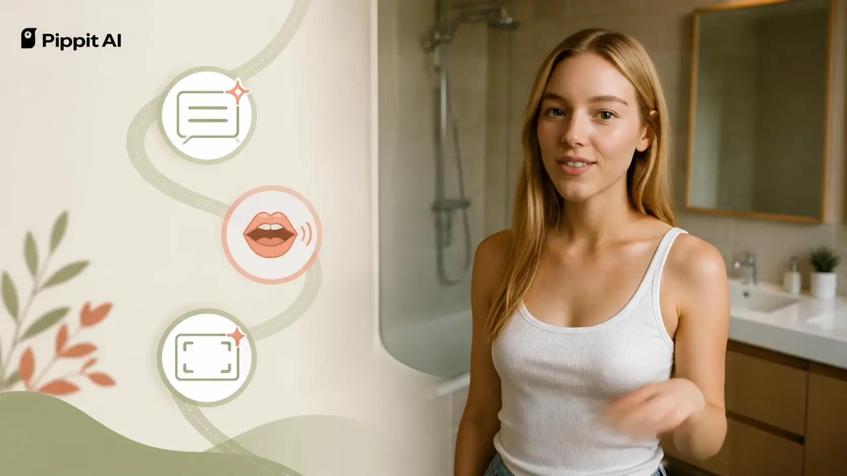 Woman in a bathroom beside icons for text, speech, and framing